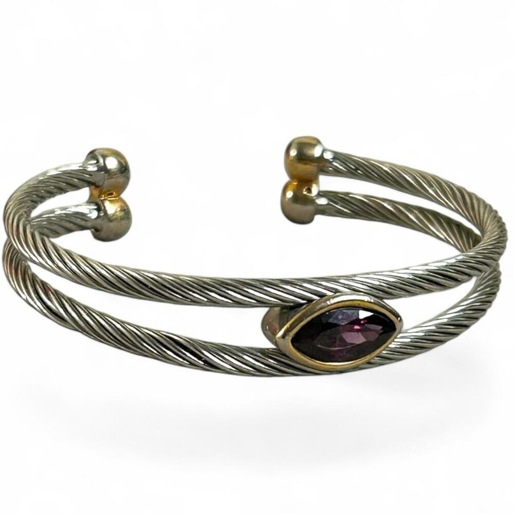 Cable Bracelet Cuff Two Tone Purple Center Faceted Center Gold and Silver Tones